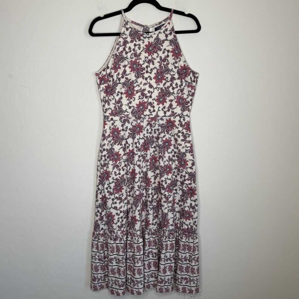 Chaps Med 100% Cotton Boho Tiered Halter Midi Dress Cottagecore Vacation Travel